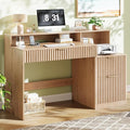 Vabches Fluted Computer Desk with Drawers Home Office Desk with Power Outlets Printer Stand and Storage Cabinet Study Writing Desks with Long Monitor Stand Oak