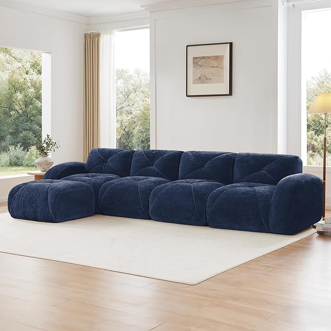 KEIKI 141 L-Shaped Velvet Modular Sectional Sofa with High-Density Foam Cushion &amp 4 Pillow &amp 1 Ottoman Compressed Boneless 4-Seater Tufted Couch No Assembly Required for Living Room Blue