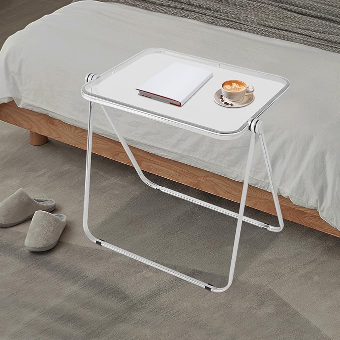 Folding TV Tray Table Acrylic Foldable Desk No Assembly Required Mini Folding Desk for Home Office Living Room Bed Room Outdoor (Silver + Clear)