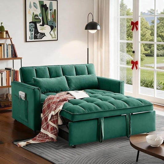 Convertible Sofa Bed 3 in 1 Pull Out Couch with Side Pockets Velvet Fabric Loveseat Sleeper Sofa Bed Pull Out Couch with Adjustable Backrest for Living Room Bedroom Apartment Green