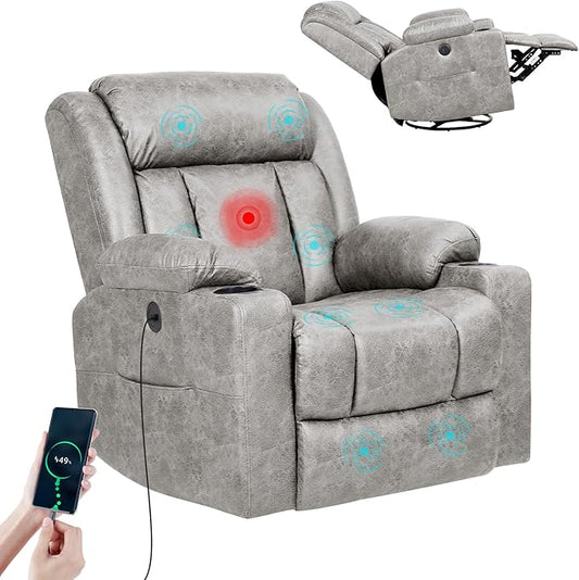 LEVELEVE Retro Rocking Recliner Chair Massage Rocker Recliner Chair with Vibration Massage and Heat USB and Type-C Ports360° Swivel ChairsLiving Room Bedroom Nursery RV Light Grey