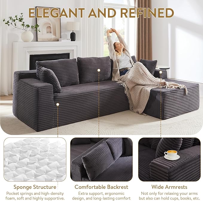 Cloud Sectional Couch with L-Shape Chaise 105 Modern Minimalist Modular Sectional Sofa Fluffy Corduroy Upholstered Couches for Living Room No Assembly Required (Dark Grey)