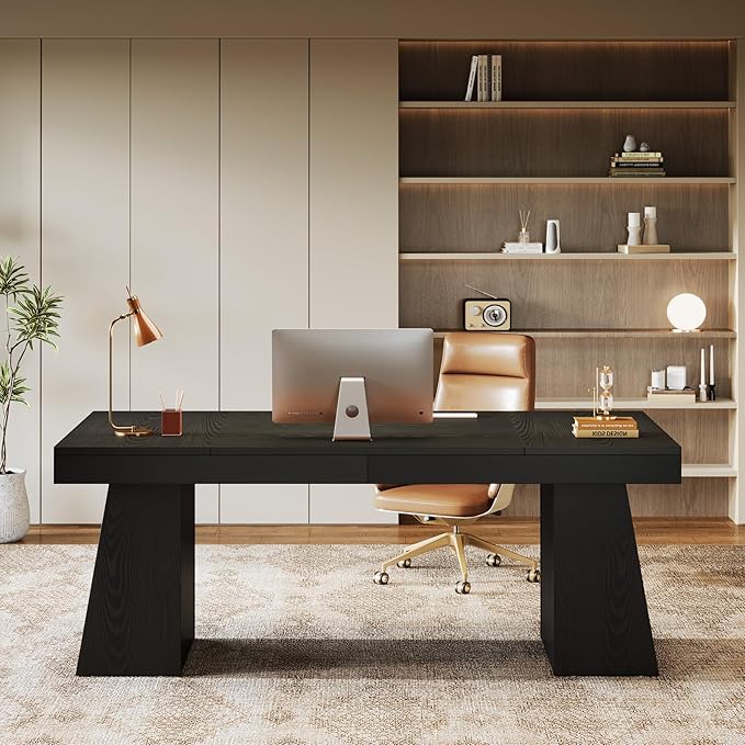 Tribesigns 55-Inch Executive Desk Thick Wood Office Computer Desk with Double Pedestal Modern Minimalist Workstations Writing Table Conference Table Furniture for Home Office Black