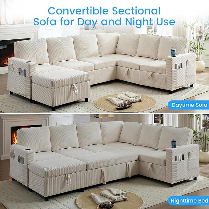 PUREMIND 100 Sectional Sleeper Sofa with Pull Out Bed U Shaped Modular Sectional Sofa with Storage Chaise Corduroy Cloud Sofa Bed with Cup Holders for Living Room Bedroom Apartment Beige