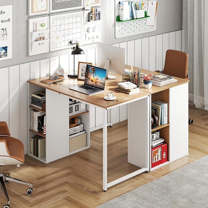 GOFLAME 45” Computer Desk Modern Home Office Desk with 5 Storage Compartments Multipurpose Writing Desk PC Workstation Laptop Desk with Heavy-Duty Metal Frame for Study Room Bedroom