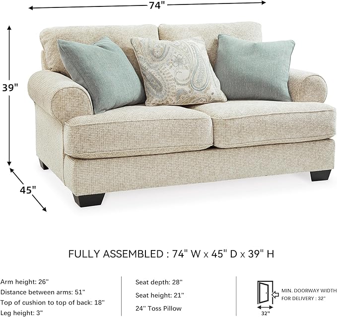 Signature Design by Ashley Monaghan Vintage Loveseat with Accent Pillows Reversible Cushions and Rolled Arms Beige