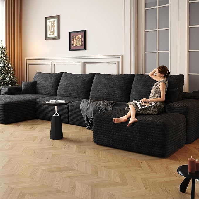 135 Corduroy Boneless Sectional Couch with Chaise &amp Ottoman No Assembly Required U Shaped Modular Sectional Sofa Boneless Couches for Living Room (Black 4 Seater+Left Facing Chaise+Ottoman) |