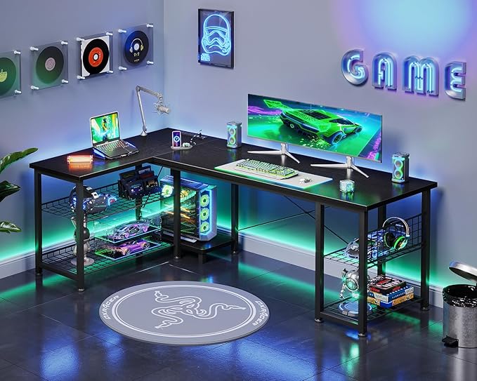 Casaottima 59 Inch L Shaped Gaming Desk with Shelves &amp Power Outlets Reversible Computer Desk with Storage Shelves for Home Office Black