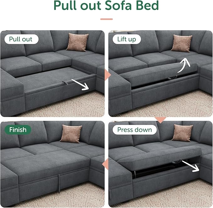 HONBAY Modular Sectional Couch with Pull Out Bed Chenille Sleeper Sofa with Storage Seats Ottoman U Shaped Sectional Couches for Living Room Bluish Grey