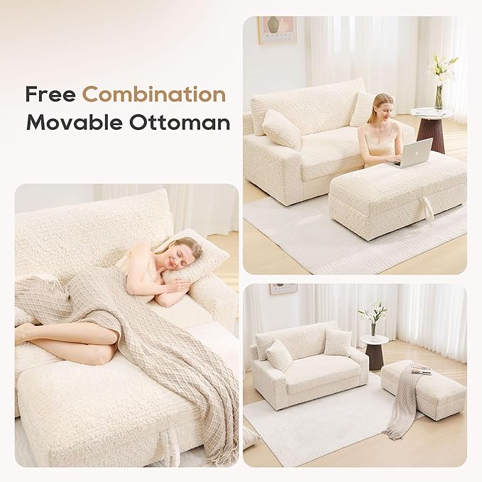 62“ Oversized Chaise Lounge Chair IndoorComfy Loveseat with Storage OttomanUpholstered Sleeper Sofa Bed with 2 Pillows Deep Seat Love Seat Couch for Living RoomBedroomApartmentBeige