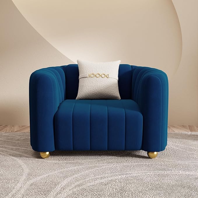Modern Blue Velvet Sofa Chair for Living Room 42 Single Sofa with Gold Metal Sphere Legs (Blue 1S)