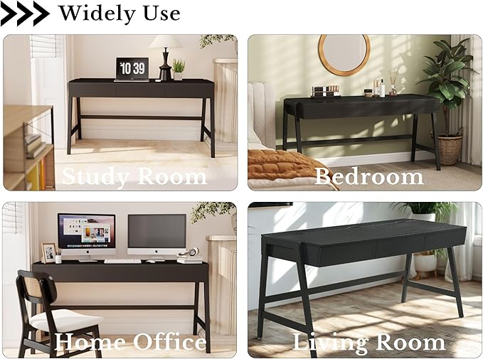 HNY 59 Inches Black Wooden Writing Desk with 3 Drawers Computer Study Table with MDF Top Solid Rubberwood Legs and Hidden Cable Management Holes Corner Makeup Vanity Desk for Home Office Bedroom