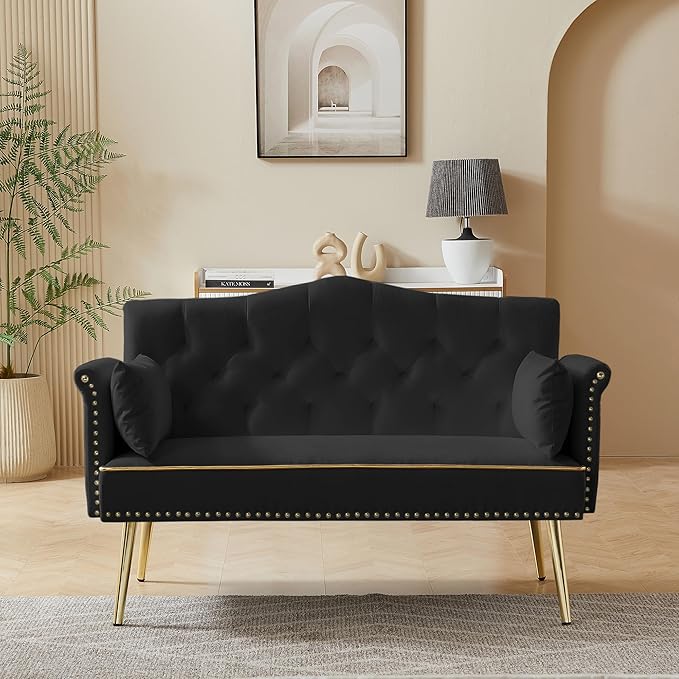 KEIKI 55 Velvet Loveseats Sleeper Sofa with 2 Arm Pocket and 4 Solid Metal Legs Modern Style 2-Seater Couch with Tufted Back and Seat Easy Assembly for Apartment Living Room and Bedroom Black