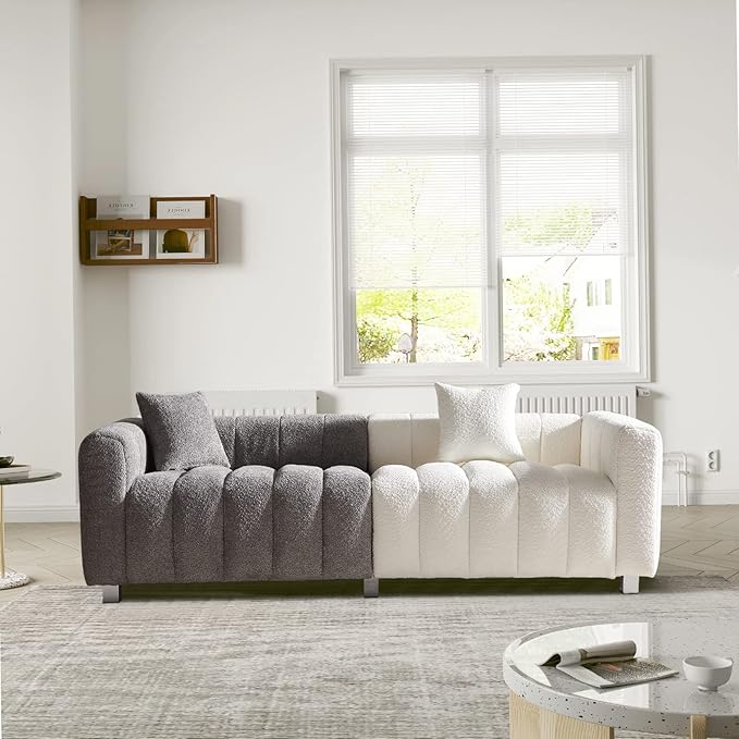 87.4 Modern 3 Seater Sofa Couch for Living Room Mid Century Fluffy Couches with Solid Wood Frame and 6 Legs for Bedroom Apartment Weight Capacity 750 LBS… (Gray &amp White)