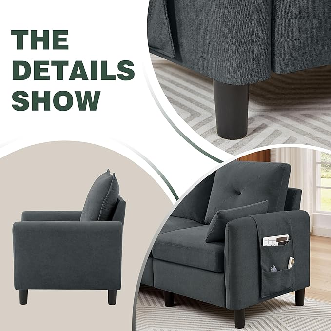 Sectional Sofa Set 77 Convertible Sofa and Accent Chair Small 3 Seat L Shaped Couch with Storage Ottoman and Side Pockets Modern Couch for Living Room Office Apartment Dark Grey