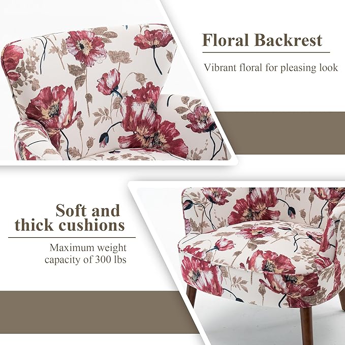 Floral Accent Chair Set of 2 Upholstered Living Room Chairs with Solid Wood Legs Mid Century Modern Velvet High Back Armchair for Bedroom Living Room Pink
