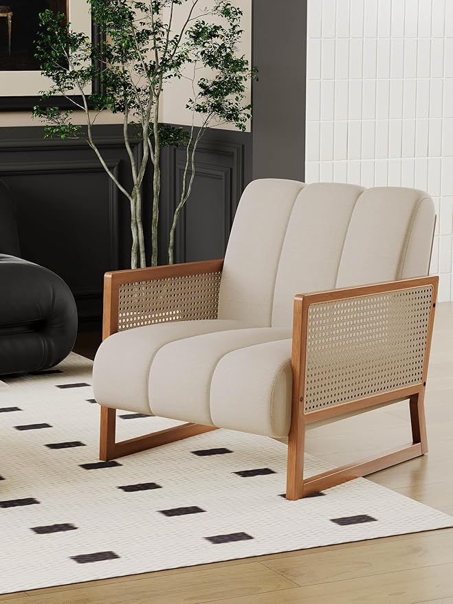 WENTMENT Rattan Accent Chair Armchair with Natural Rattan Armrest and Wood Frame Upholstered Living Room Chair Line Sofa Chair for Reception Room/Hosting Room/Bedroom(White)