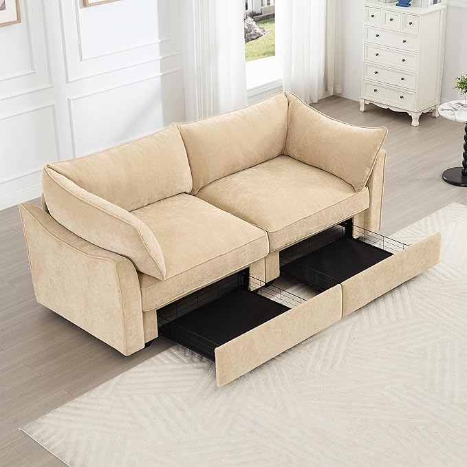 Aoowow Modular Sectional Sofa with Pullout Storage Seat 78.7” Chenille Loveseat Sofa Comfy 2-Seat Sofa Couch Upholstered Deep Seat Couches with Armrests for Living Room Apartment OfficeWheat