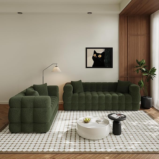 2 Piece Boucle Sofa Couch Set Comfy Upholstered Sherpa Deep Seat Cloud Couch and Loveseat Modern Tufted 3 Seater and 2 Seater Love Seat Sofa for Living Room Apartment Olive Green