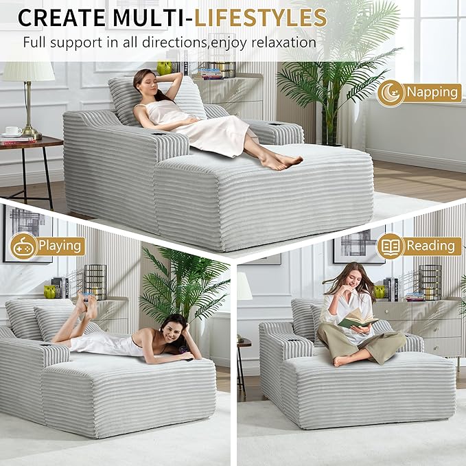 67inch Chaise Lounge Chair Indoor Upholstered Corduroy Couch with 2 PillowsComfy Fluffy Cloud CouchSingle Sleeper Sofa Chair for Livingroom (Light Gray 46.5W X 67D with Cup Holder)