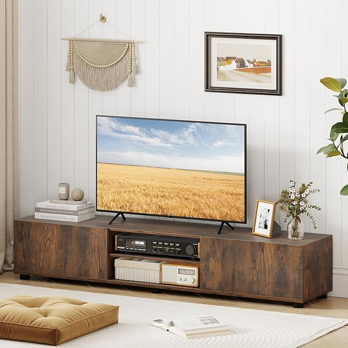 Tangkula Modern TV Stand for up to 70” TVs 63”L Minimalist Entertainment Center w/ 2 Doors &amp Open Shelves Media Console Table Storage Cabinet with 6 Support Feet for Living Room (Rustic Brown 6