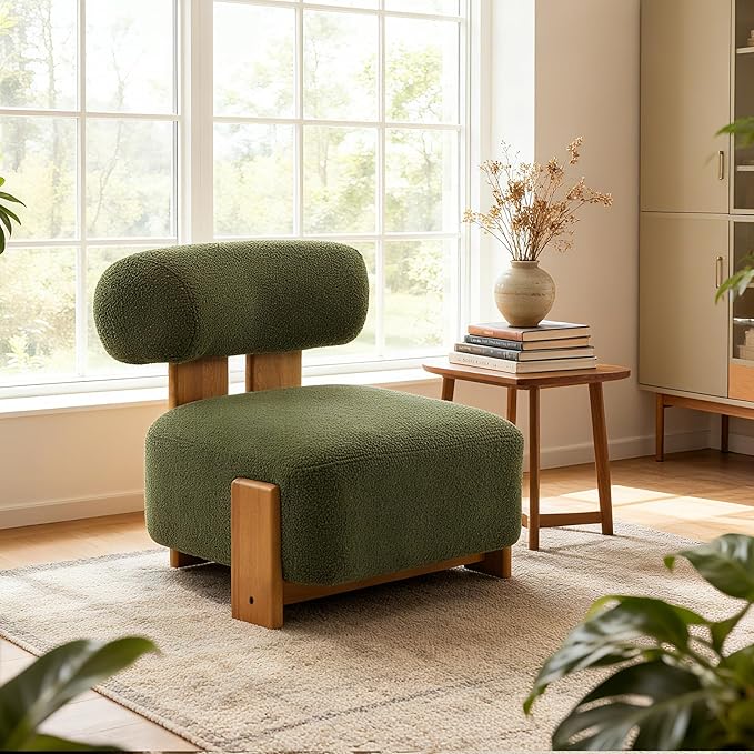 Christopher Knight Home Jillian Modern Boucle Upholstered Accent Chair Armless Living Room Single Lounge Sofa Comfy Reading Chair for Bedroom Low Profile Chair Olive Green+Brown