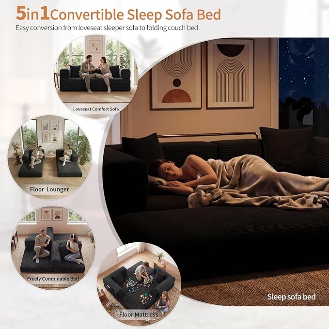 78.8 Convertible Sofa Bed with Armrest Pillow 4-in-1 Sleeper Couch Bed for Livingroom Modular Corduroy Boneless couches No Assembly (Black)