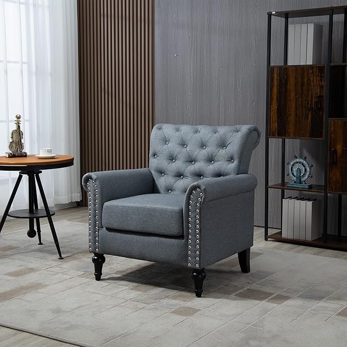 Mid Century Modern Accent Chair Linen Armchair wTufted BackWood Legs Upholstered Lounge Arm Chair Single Sofa for Living Room Bedroom Gray
