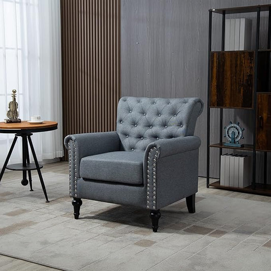 Mid Century Modern Accent Chair Linen Armchair wTufted BackWood Legs Upholstered Lounge Arm Chair Single Sofa for Living Room Bedroom Gray
