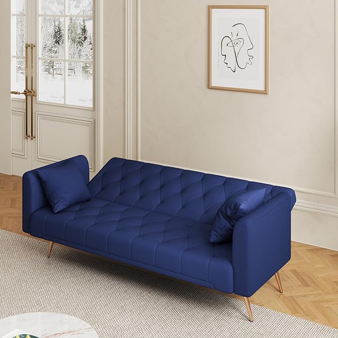 71 Futon Sofa Bed VelvetConvertible Sleeper Sofa CouchModern Folding Futonwith 3 Adjustable Backrests and 2 Pillowsfor Small Living Room Bedroom Office (Blue)