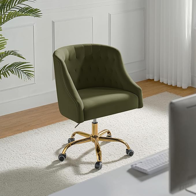 TINA'S HOME Velvet Home Office Chair with Gold Base Comfortable Modern Cute Desk Chair Adjustable Swivel Task Chair for Living Room Bedroom Vanity Study Moss