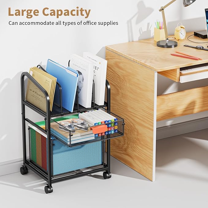 Marbrasse Rolling File Cart with Adjustable Dividers Mobile File Cabinet on Lockable Wheels Office Filing Cabinet Organizer Hanging File Folder Organizer for Home Office - Black