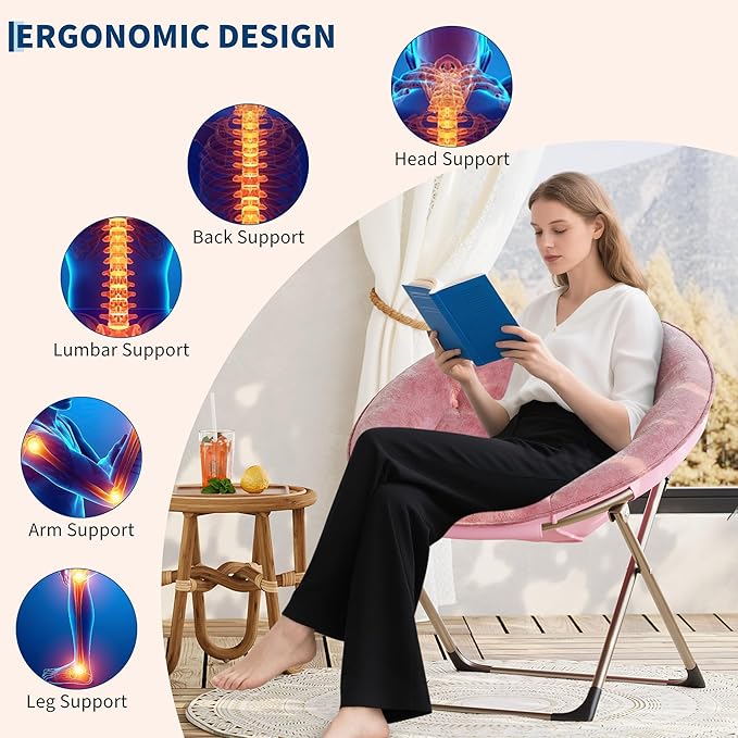 GAOMON Saucer Chair Comfy Chair Faux Fur Lounge Moon Chair with Folding Metal Frame Oversized Plush Flower Accent Seat for Adults Teens &amp Kids for Teens Bedroom Dorm or Living Room Rose Pin