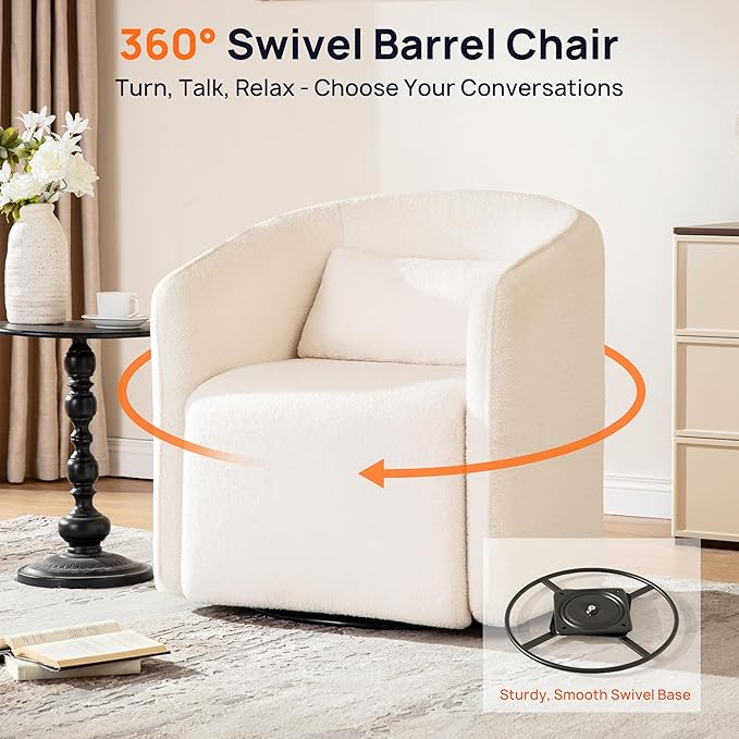 Oversized Boucle Swivel Accent Chair with 82L Hidden Storage 360° Swivel Barrel Chair for Living Room Small Space Bedroom Nursery Modern Comfy Cloud Armchair Single Sofa Cream White Sherpa&ampT