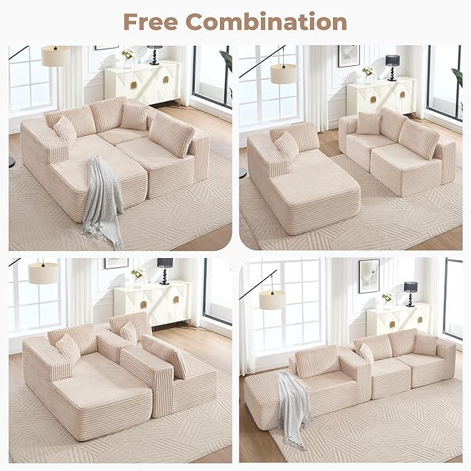 Boneless L-Shaped Modular Sectional Sofa 107 Modern Corduroy Upholstery Couch with Chaise for Living Room 3-Seater L Cloud Couches with Deep Seat No Assembly Left Facing Chaise Beige