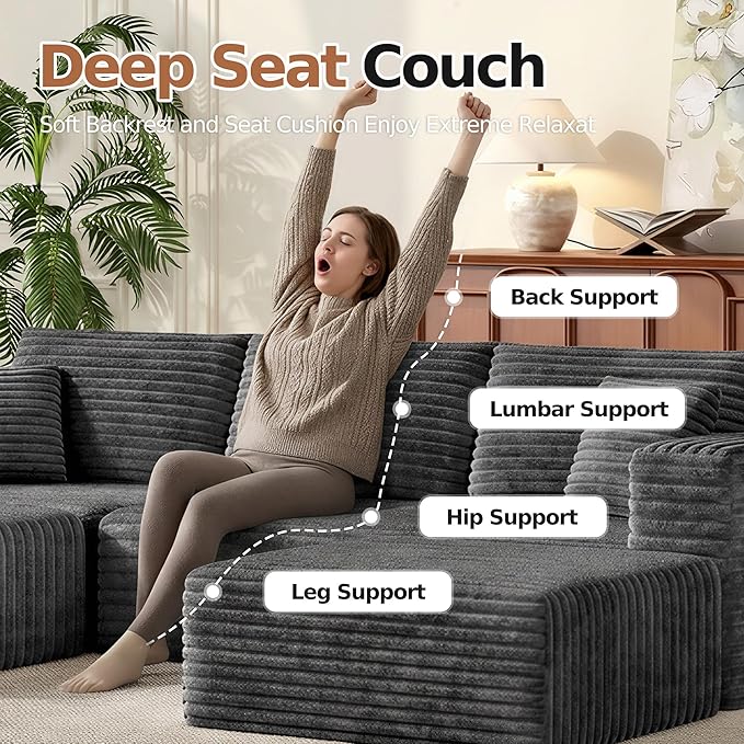 MoonSpeak 106 Sectional Boneless Couch for Living RoomModern Modular Cloud Couch with Deep SeatUpholstered Sleeper Sofa with 2 OttomanConvertible Folding CouchesNo Assembly (Gray)