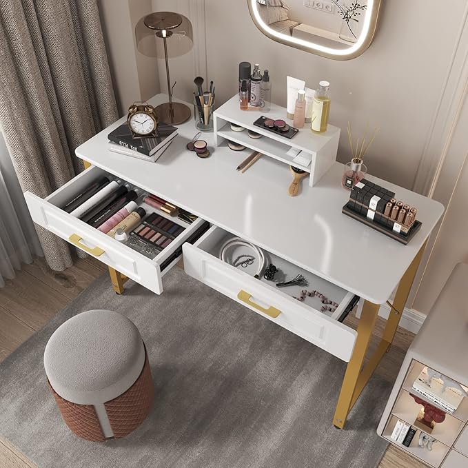 WESTREE Modern Makeup Vanity Desk with Glossy DesktopBedroom Home Office Writing Desk with Drawers Storage Shelf Gold Metal Frame for Dressing Table Without Mirror