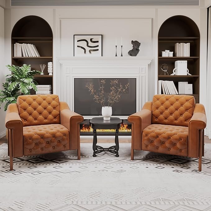 EJUNQ Cozy Accent ChairPU Leather Modern Living Room ChairsMid-Century Office Reading ChairSingle SofaArmchair for Bedroom Apartment Waiting Room(Brown1)