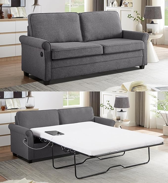 ONBRILL Pull Out Sofa Bed 2-in-1 Full Size Convertible Sleeper Sofa Couch with Pull Out Bed USB Charging Port Hide a Mattress with Menmory Foam Loveseat Couch for Living Room Dark Grey