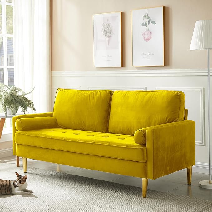 Velvet Loveseat Sofa 66.9'' Mid Century Modern Small Love Seats with 2 Pillows &amp Golden Legs Comfy Couch for Living Room Upholstered 2 Seater Sofa for Small Apartment (Yellow)
