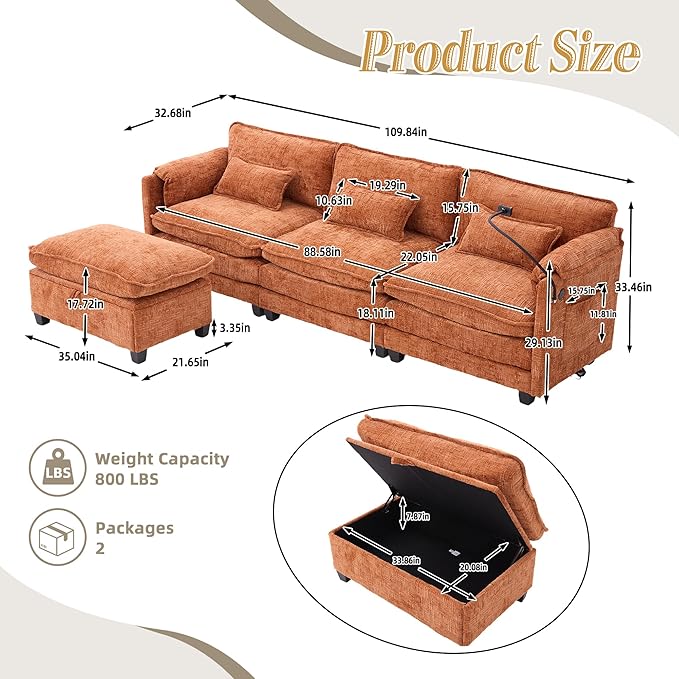 KEIKI 110 L-Shaped Boucle Modular Sectional Chenille Sofa with Ottoman &amp Memory Foam Cushion &amp Phone Holder &amp USB Upholstered Modern Oversized 4-Seater Couch Easy Assembly for Living R