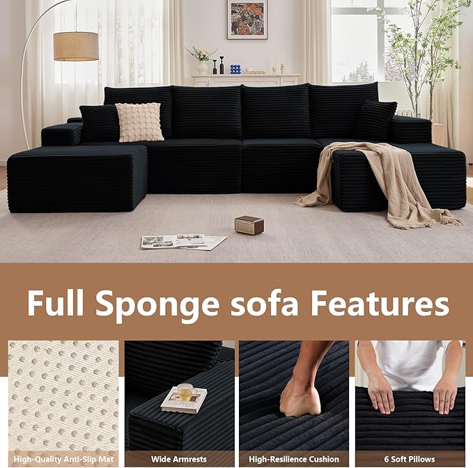 135.4 Modular Sectional Sofa with Ottoman Modern Corduroy Cloud Couch with Deep Seat Boneless Couch Upholstered 4-Seater U-Shaped Sofa for Living Room No Assembly (Black Right-Facing Chaise)