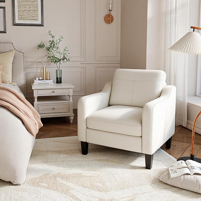 PU Leather Accent Chair Mid-Century Modern Living Room Armchair Sofa with Removable Cushions Solid Wood Frame &amp Stitched Armrest Design Bedroom Chair with Plastic Legs Beige