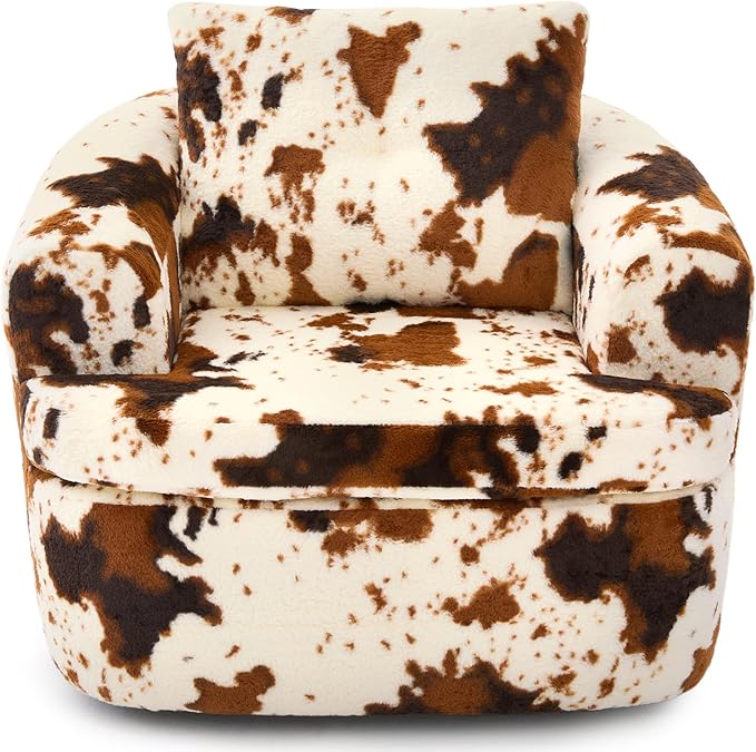 360° Swivel Barrel Accent Chair 36.6 Swivel Round Sofa Chair with Dual-Layer Cushion Design Modern Upholstered Single Sofa for Living Room Bedroom Office and Hotel (Beige&ampBrown 121)