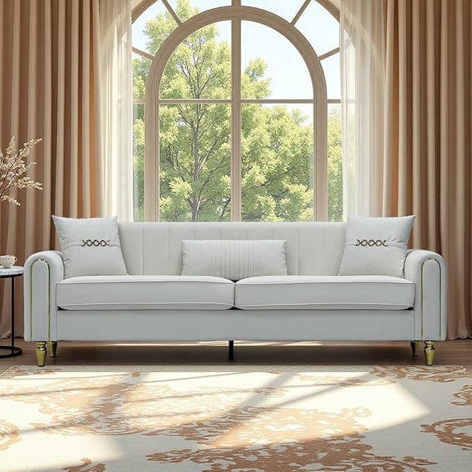 Modern 3-Seaters Velvet Sofa Upholstered Couch with Pillows and Gold Metal Legs for Living Room Office Apartment (Cream White)