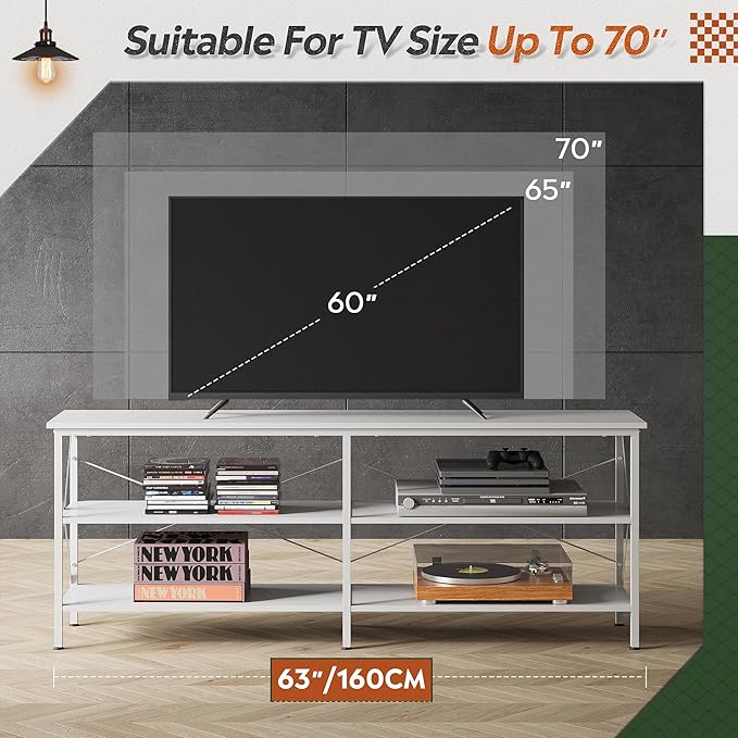 WLIVE TV Stand up to 70 Inch TV 63 Entertainment Center TV Media Console with 3-Tier Storage Shelves for Living Room and Bedroom White