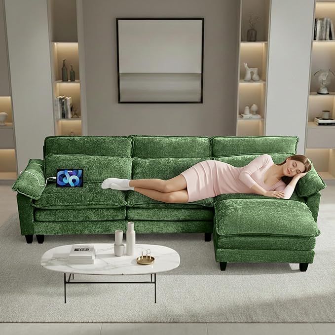 113 Modular Sectional Sofa: L Shaped Cloud Couch with Movable Ottoman Chenille 3 Seater Sofa with USB Charging &amp Side Pockets for Living Room - Green