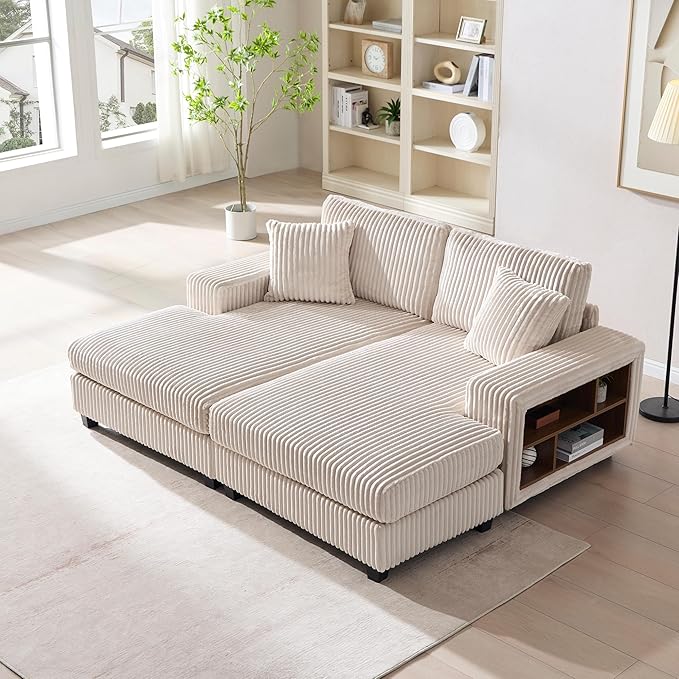 79.5 Oversized Double Chaise Lounge Chair Indoor Modern Upholstered Sleeper Sofa Bed with 2 Storage Armrests &amp Throw Pillows Comfy Fluffy Corduroy Couch for Living Room (Beige 79.5 Double Cha