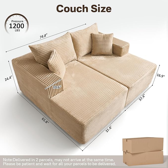 75 Boneless Chaise Lounge Chair Indoor Moudular Sectional Double Couch with Deep Seat No Assembly Required Modern Comfy Sleep Sofa Bed for Movie Reading Yoga for Living Room Beige