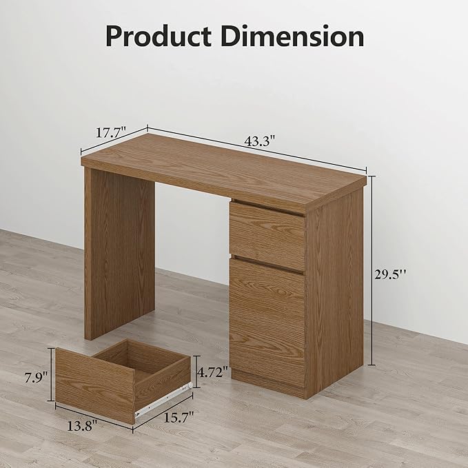 furtble Computer Desk with Drawers 43 Inch Wood Work Desk Home Office PC Desk Workstation with Storage Modern Computer Table for Bedroom Living RoomClassic Oak